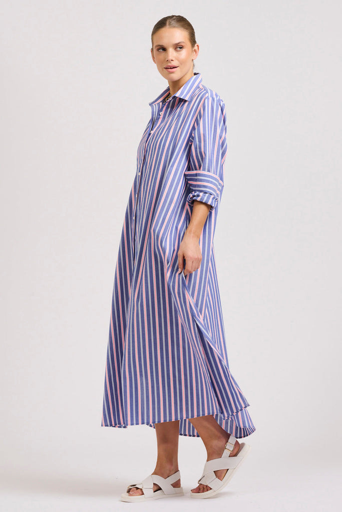 The Luna Oversized Linen Long Shirtdress - Chambray Pink Stripe
