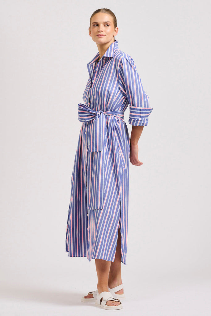 The Luna Oversized Linen Long Shirtdress - Chambray Pink Stripe