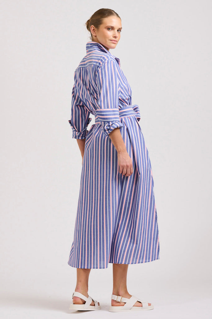 The Luna Oversized Linen Long Shirtdress - Chambray Pink Stripe