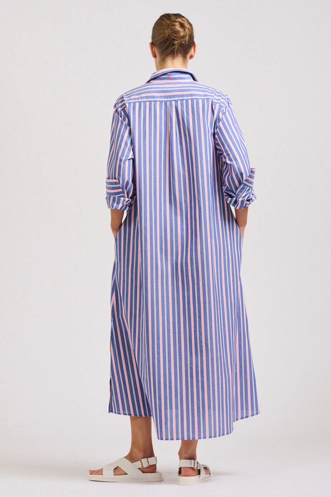 The Luna Oversized Linen Long Shirtdress - Chambray Pink Stripe
