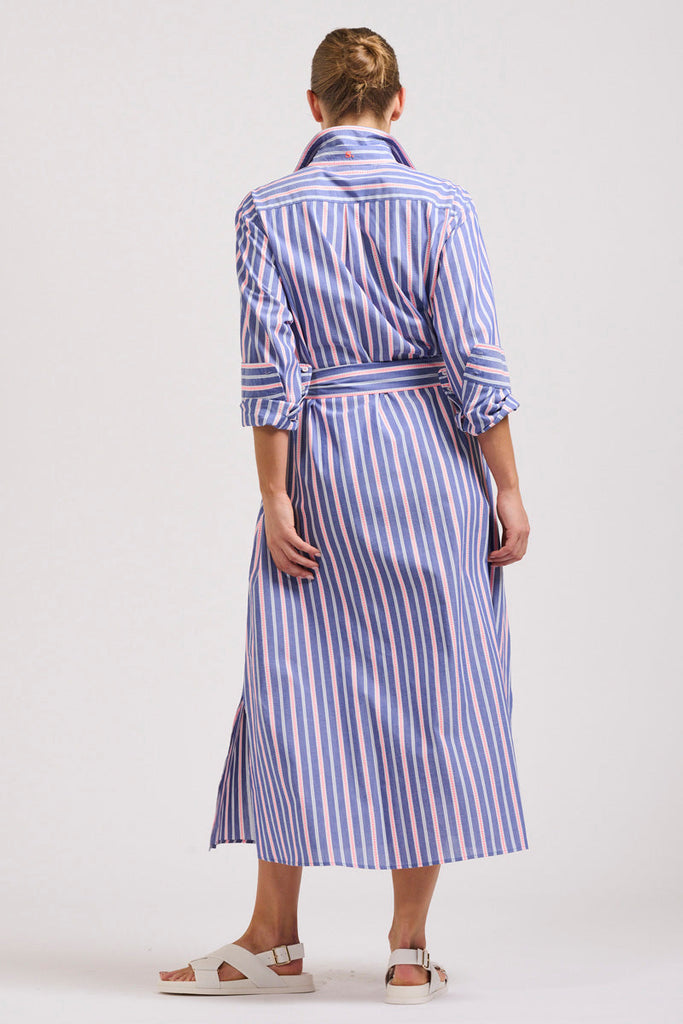 The Luna Oversized Linen Long Shirtdress - Chambray Pink Stripe