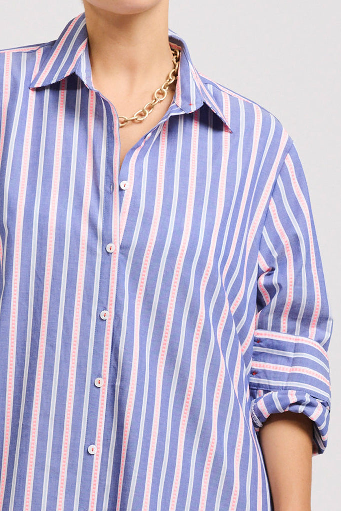 The Luna Oversized Linen Long Shirtdress - Chambray Pink Stripe