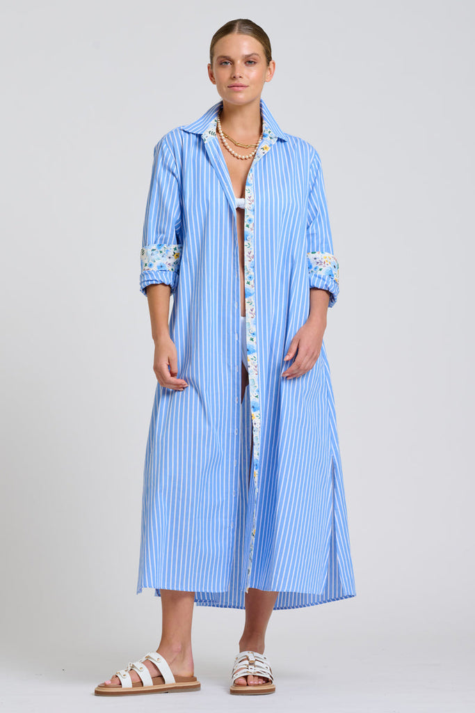 Shirty The Luna Oversized Long Line Shirt Dress - Blue Stripe Floral Trim