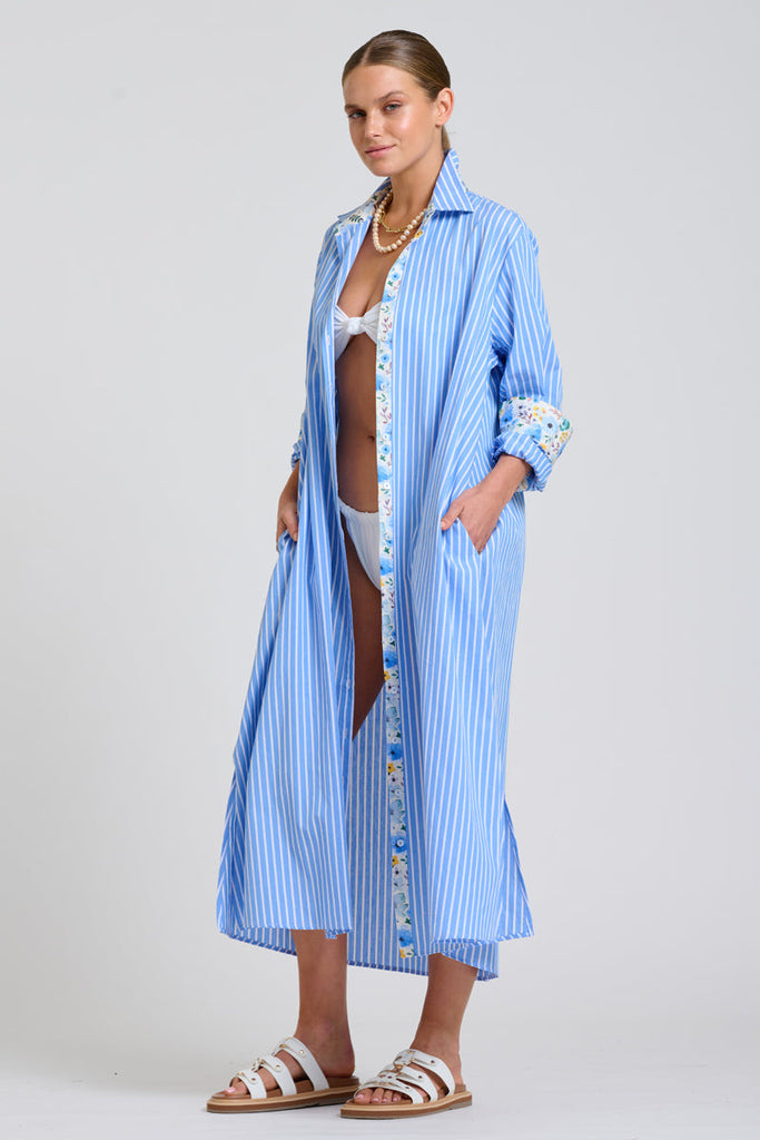Shirty The Luna Oversized Long Line Shirt Dress - Blue Stripe Floral Trim