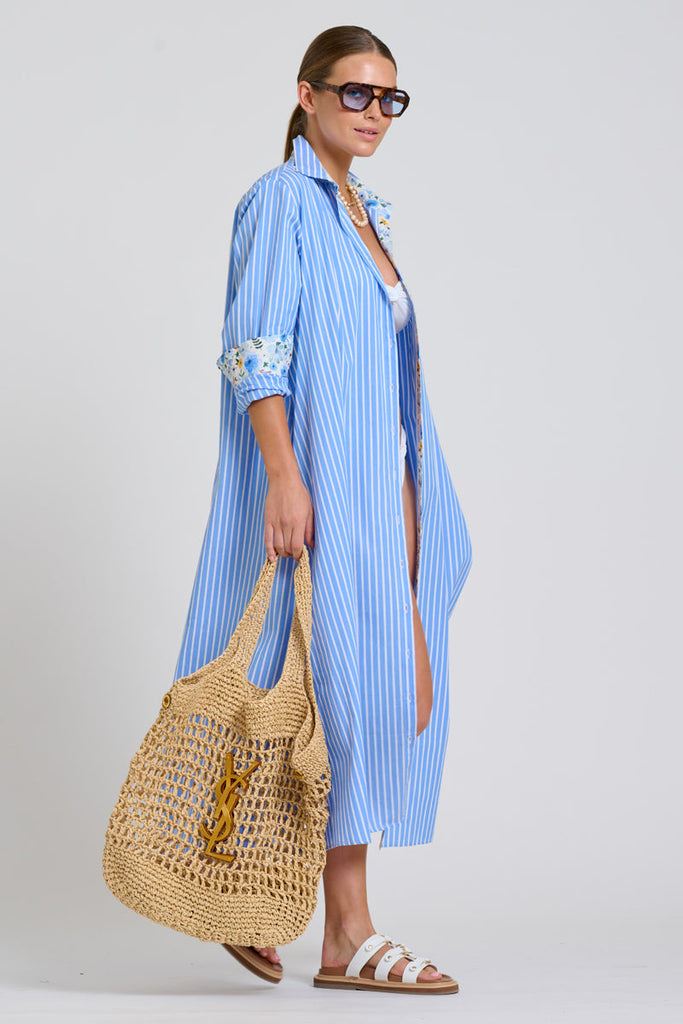 Shirty The Luna Oversized Long Line Shirt Dress - Blue Stripe Floral Trim