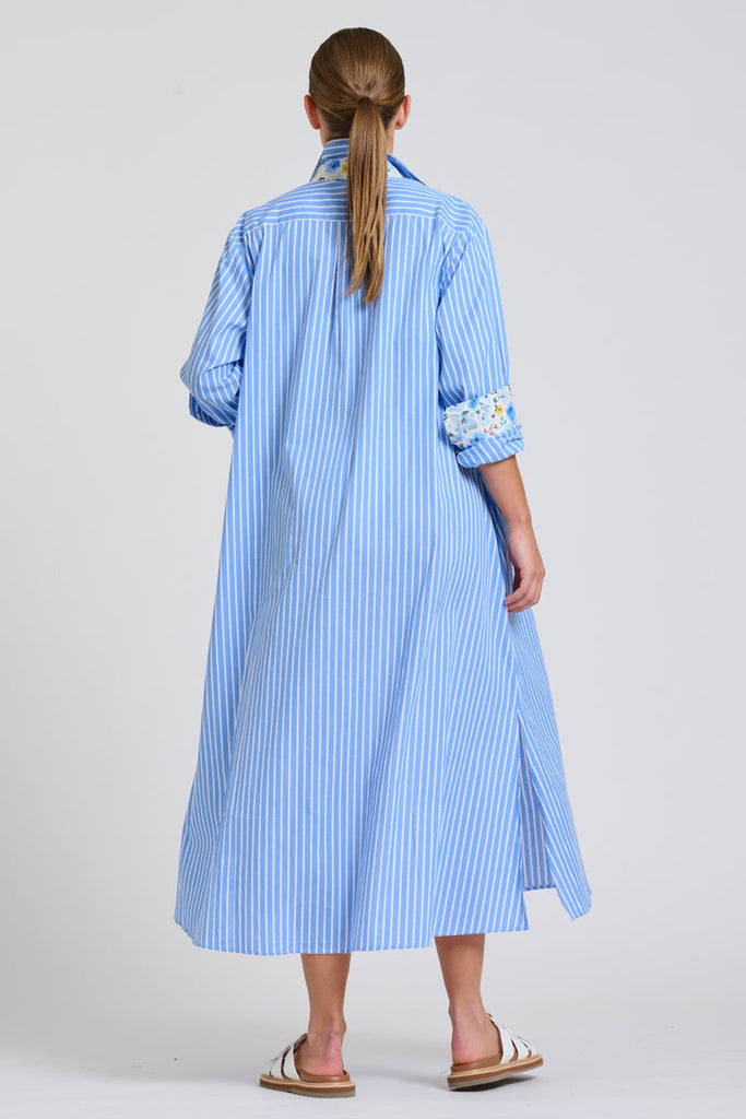 Shirty The Luna Oversized Long Line Shirt Dress - Blue Stripe Floral Trim