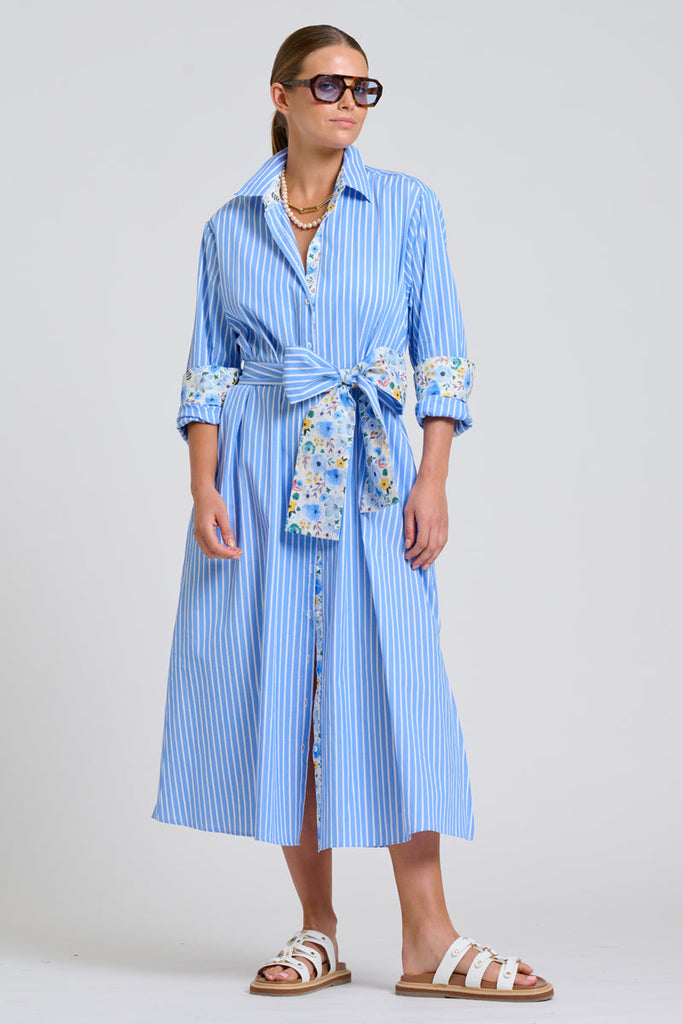 Shirty The Luna Oversized Long Line Shirt Dress - Blue Stripe Floral Trim