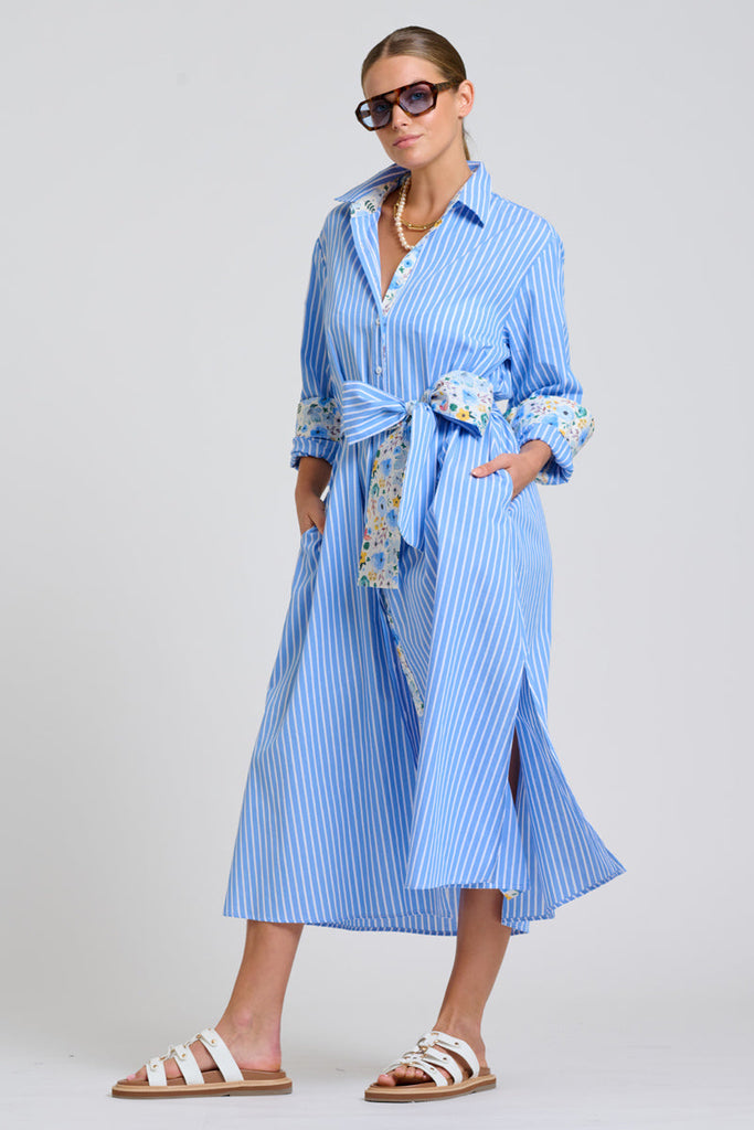 Shirty The Luna Oversized Long Line Shirt Dress - Blue Stripe Floral Trim