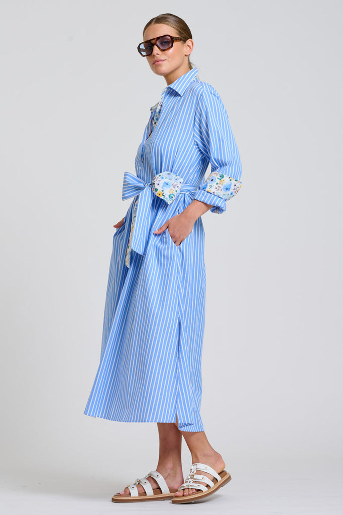 Shirty The Luna Oversized Long Line Shirt Dress - Blue Stripe Floral Trim