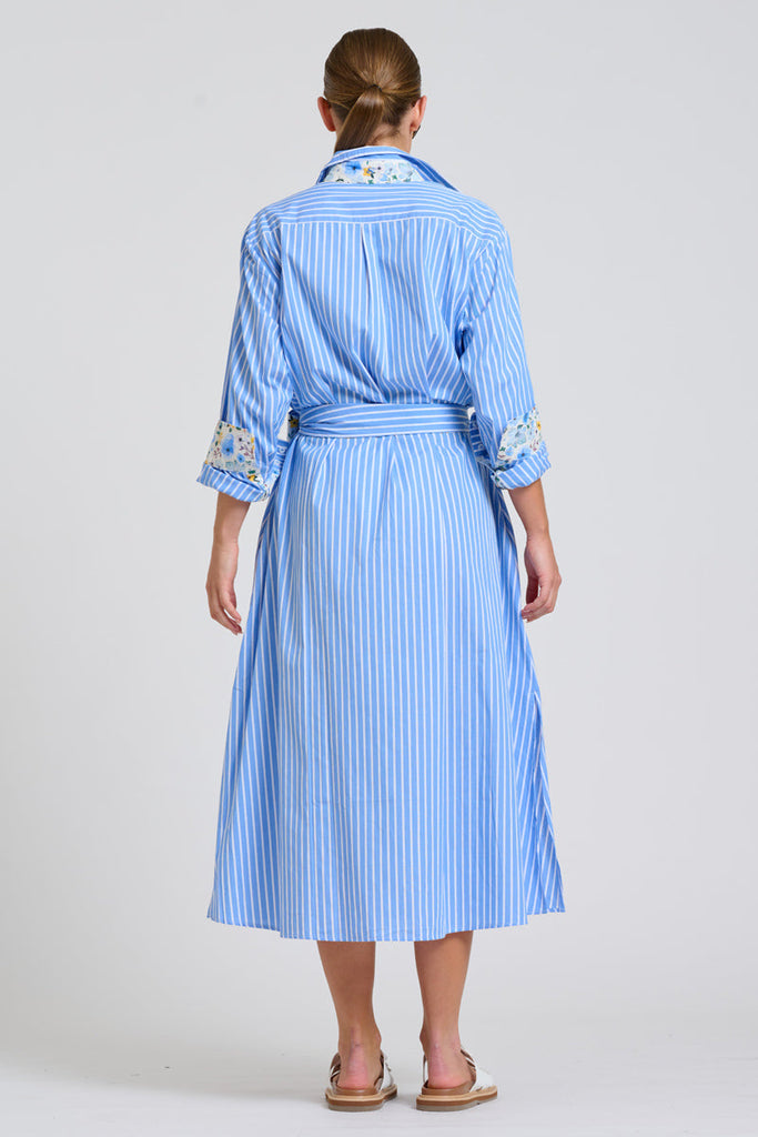 Shirty The Luna Oversized Long Line Shirt Dress - Blue Stripe Floral Trim