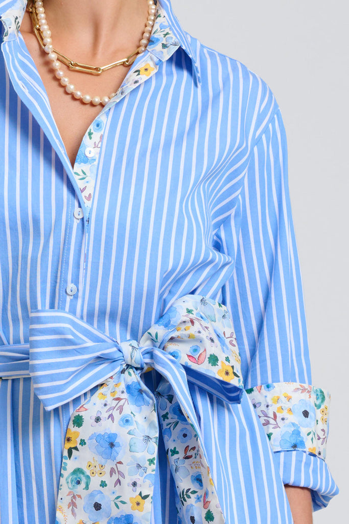 Shirty The Luna Oversized Long Line Shirt Dress - Blue Stripe Floral Trim