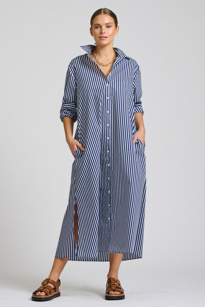 Shirty The Luna Oversized Long Line Shirt Dress - Navy Thick Stripe