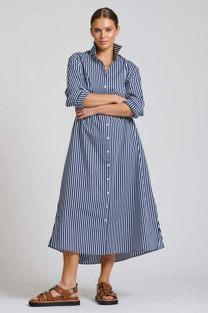 Shirty The Luna Oversized Long Line Shirt Dress - Navy Thick Stripe
