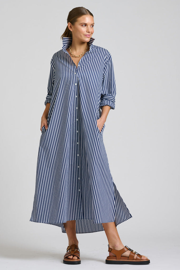 Shirty The Luna Oversized Long Line Shirt Dress - Navy Thick Stripe