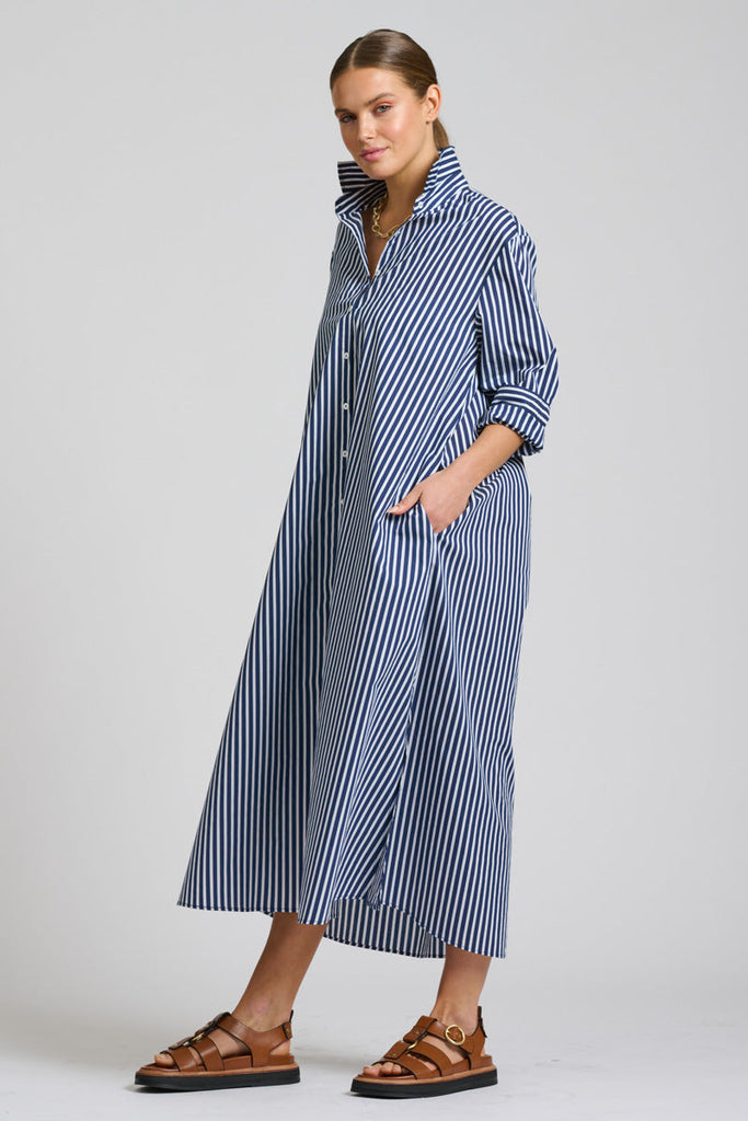 Shirty The Luna Oversized Long Line Shirt Dress - Navy Thick Stripe