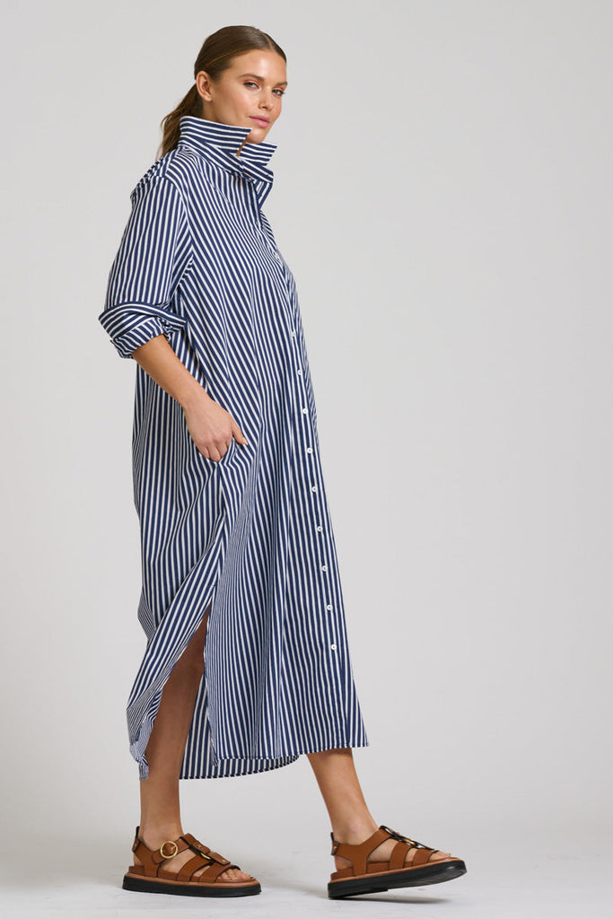 Shirty The Luna Oversized Long Line Shirt Dress - Navy Thick Stripe