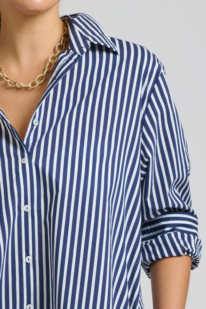 Shirty The Luna Oversized Long Line Shirt Dress - Navy Thick Stripe