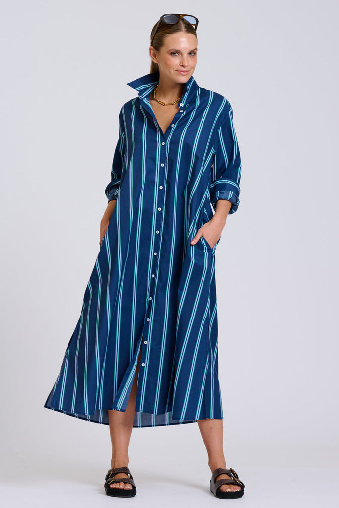 Shirty The Luna Oversized Long Line Shirt Dress - Navy with Green Stripe