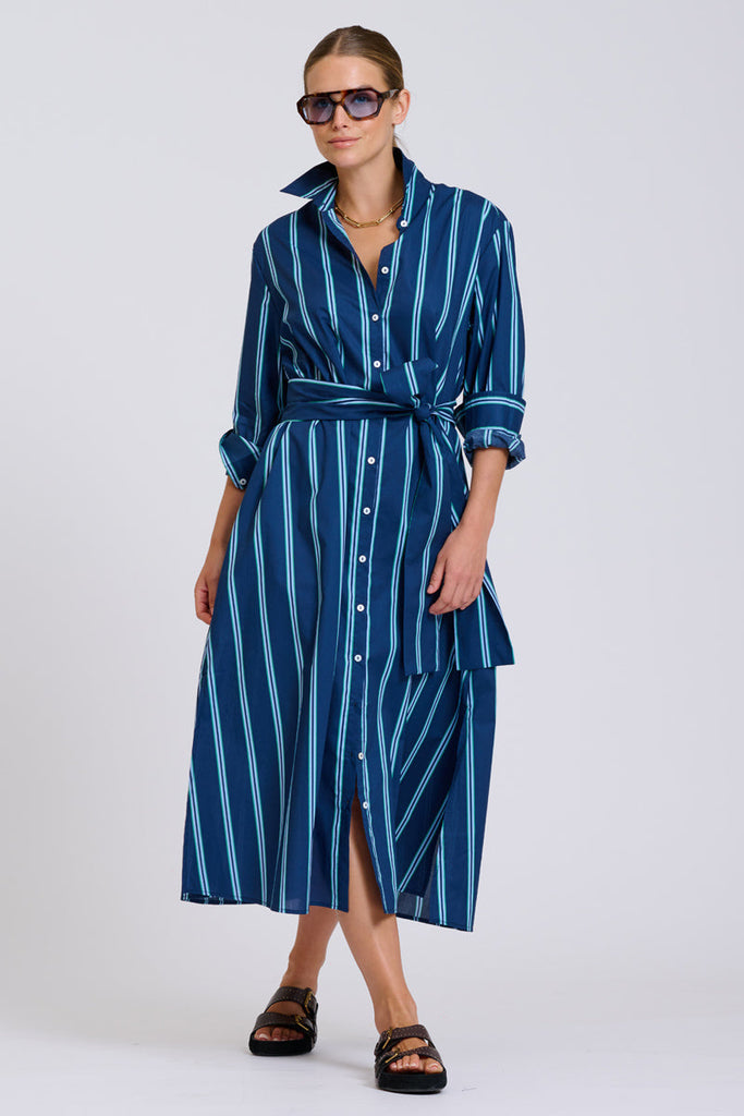 Shirty The Luna Oversized Long Line Shirt Dress - Navy with Green Stripe