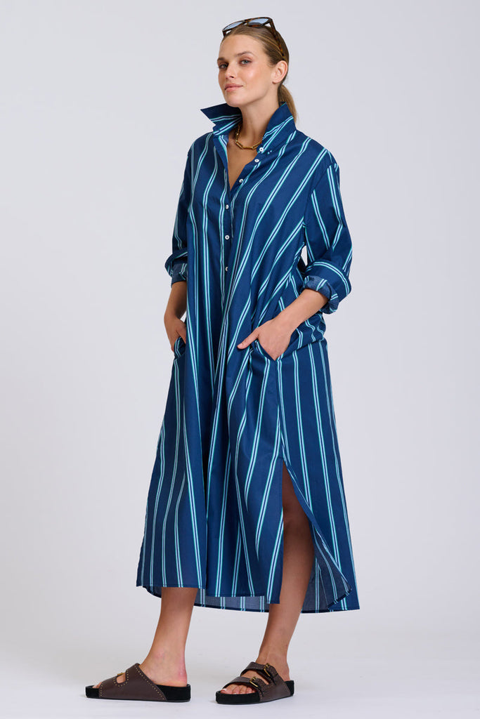 Shirty The Luna Oversized Long Line Shirt Dress - Navy with Green Stripe