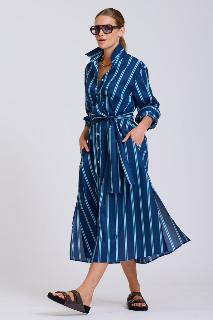 Shirty The Luna Oversized Long Line Shirt Dress - Navy with Green Stripe