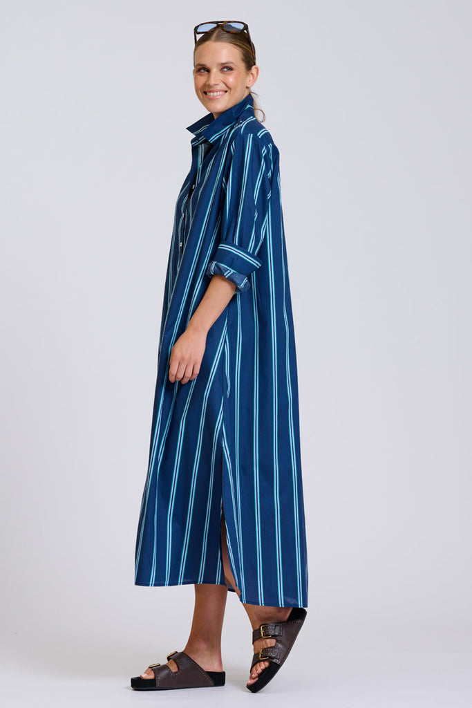 Shirty The Luna Oversized Long Line Shirt Dress - Navy with Green Stripe