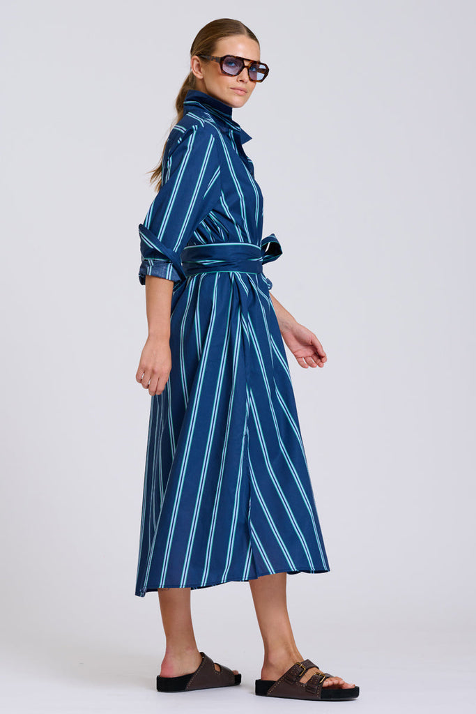 Shirty The Luna Oversized Long Line Shirt Dress - Navy with Green Stripe