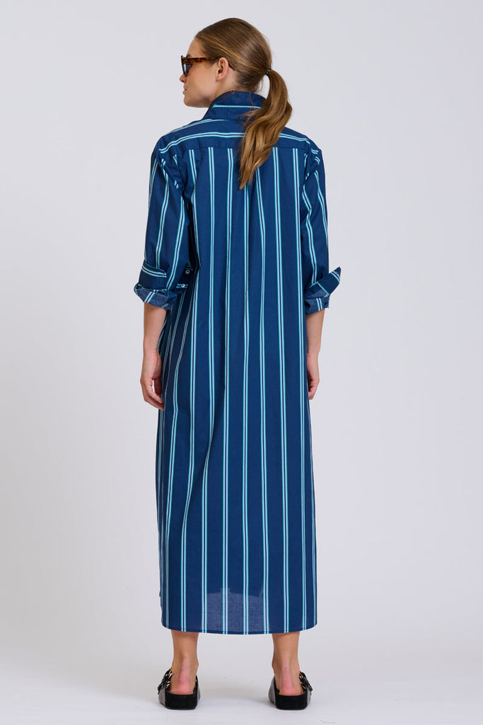 Shirty The Luna Oversized Long Line Shirt Dress - Navy with Green Stripe