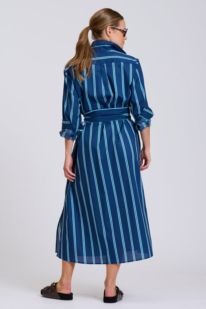 Shirty The Luna Oversized Long Line Shirt Dress - Navy with Green Stripe