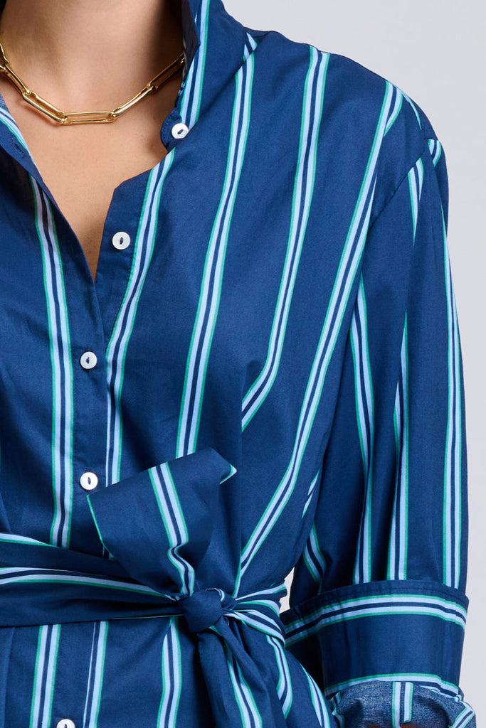 Shirty The Luna Oversized Long Line Shirt Dress - Navy with Green Stripe