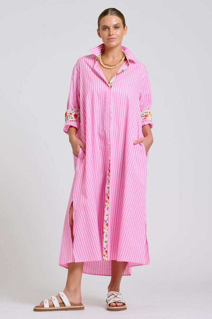 Shirty The Luna Oversized Long Line Shirt Dress - Pink Stripe Floral Trim