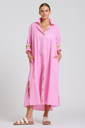 Shirty The Luna Oversized Long Line Shirt Dress - Pink Stripe Floral Trim