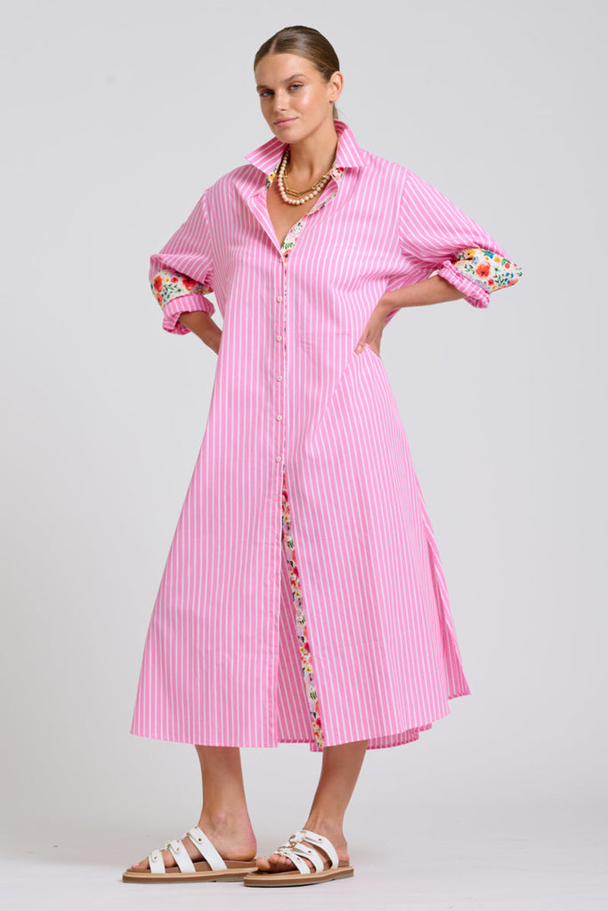 Shirty The Luna Oversized Long Line Shirt Dress - Pink Stripe Floral Trim