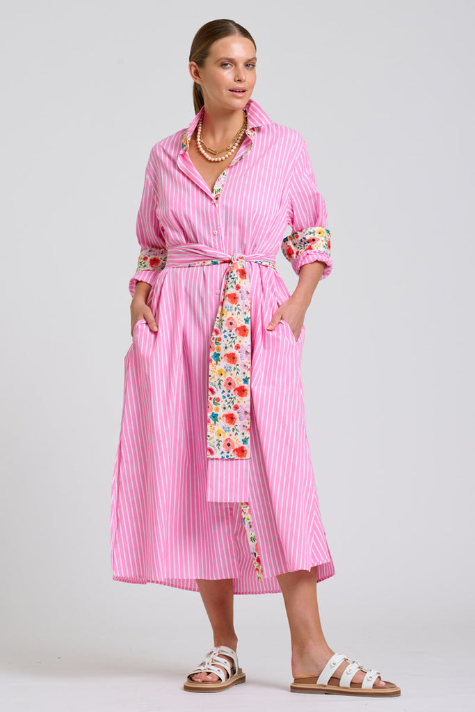 Shirty The Luna Oversized Long Line Shirt Dress - Pink Stripe Floral Trim