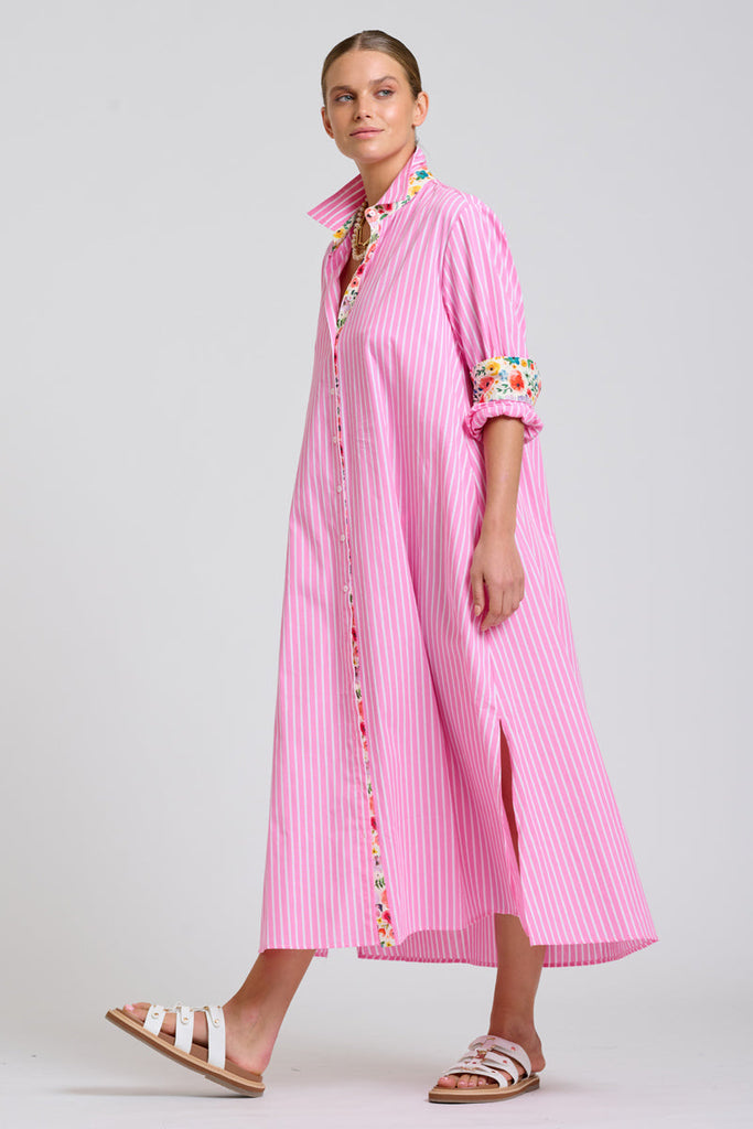 Shirty The Luna Oversized Long Line Shirt Dress - Pink Stripe Floral Trim