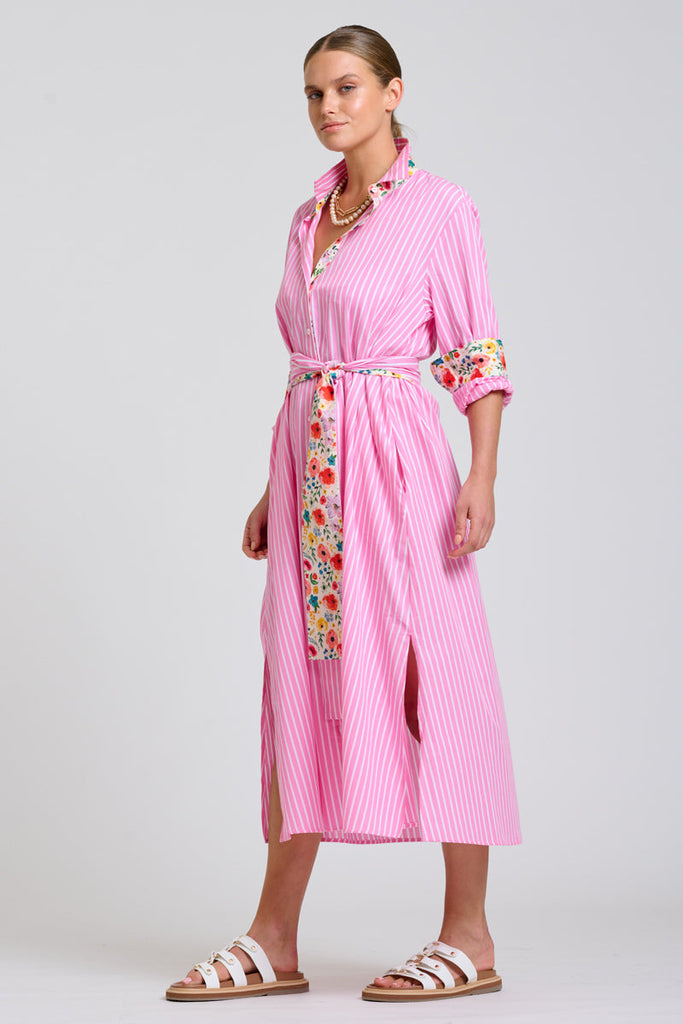 Shirty The Luna Oversized Long Line Shirt Dress - Pink Stripe Floral Trim