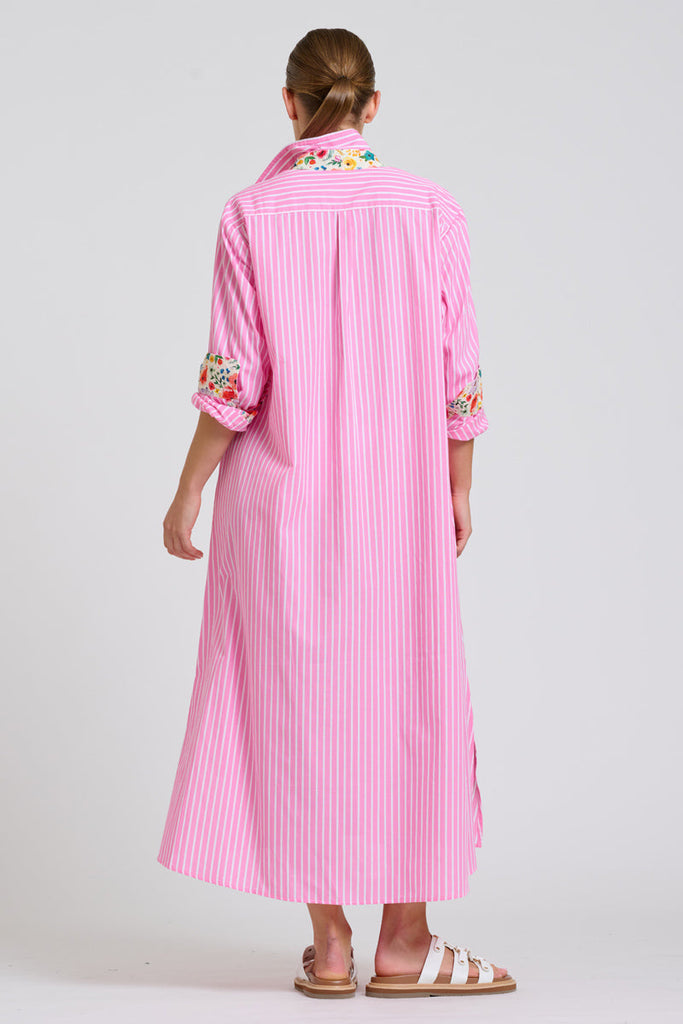 Shirty The Luna Oversized Long Line Shirt Dress - Pink Stripe Floral Trim