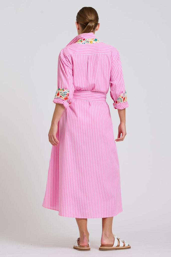 Shirty The Luna Oversized Long Line Shirt Dress - Pink Stripe Floral Trim