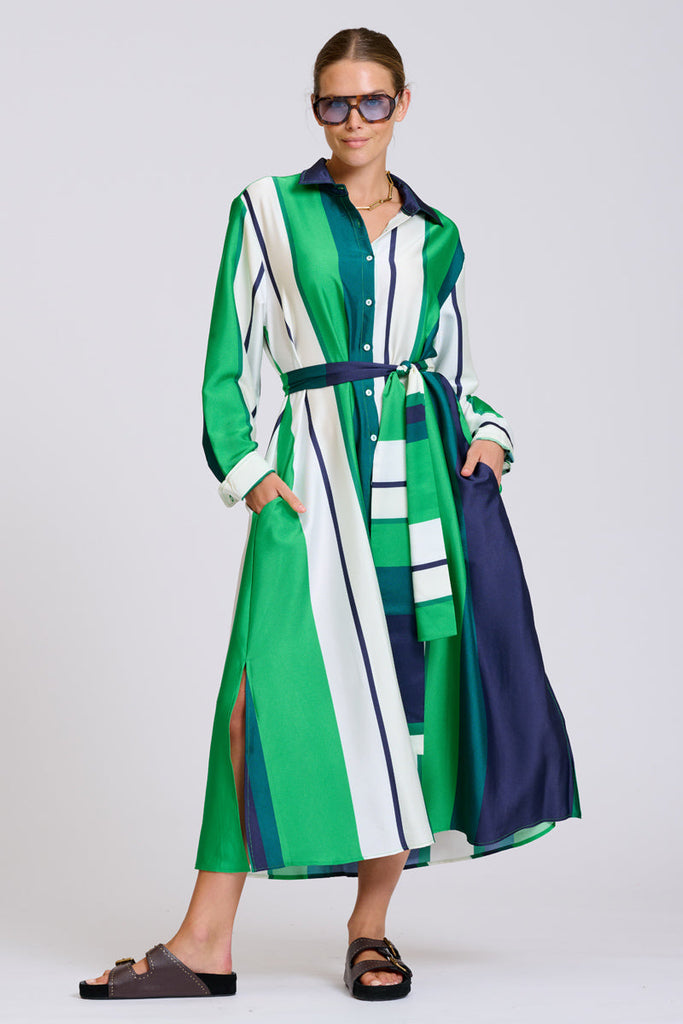 Shirty The Luxe Luna Longline Shirt Dress - Navy and Green Bold Stripes