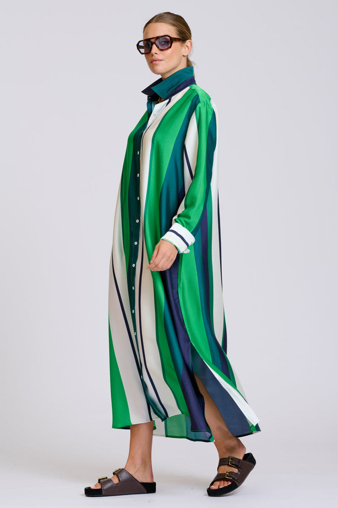 Shirty The Luxe Luna Longline Shirt Dress - Navy and Green Bold Stripes