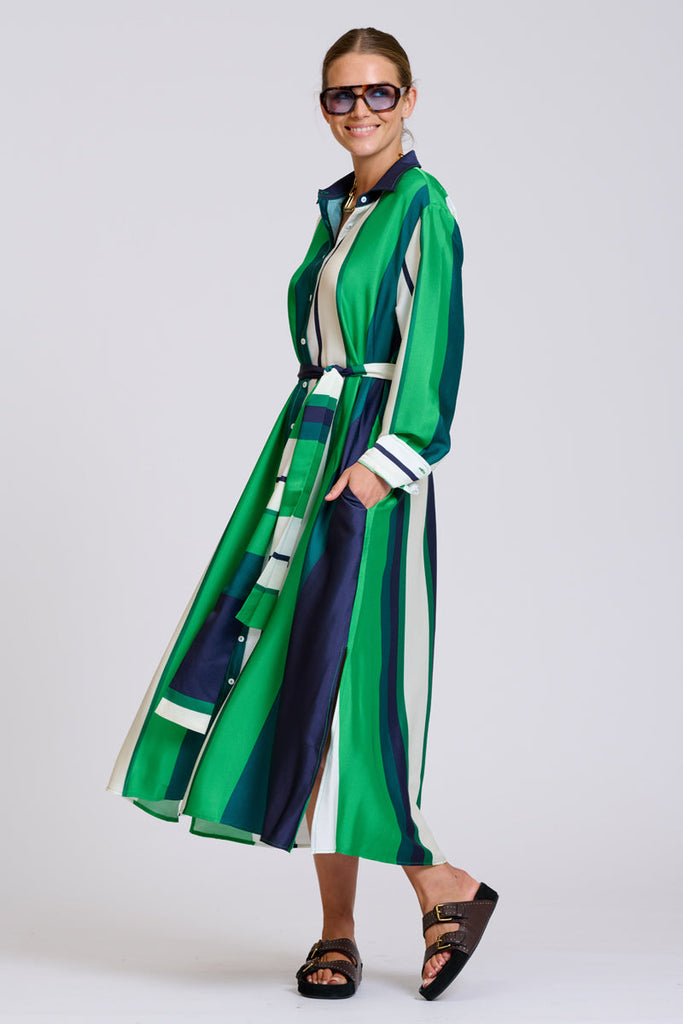 Shirty The Luxe Luna Longline Shirt Dress - Navy and Green Bold Stripes