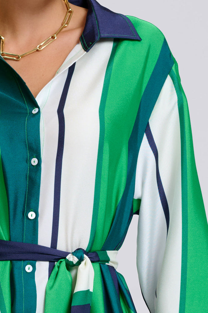 Shirty The Luxe Luna Longline Shirt Dress - Navy and Green Bold Stripes