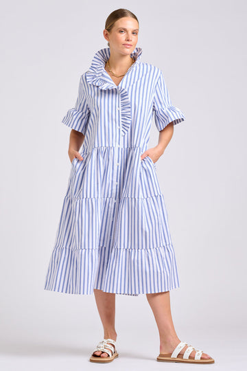 Shirty The Molly Oversized Shirt Dress - White with Azure Ticking