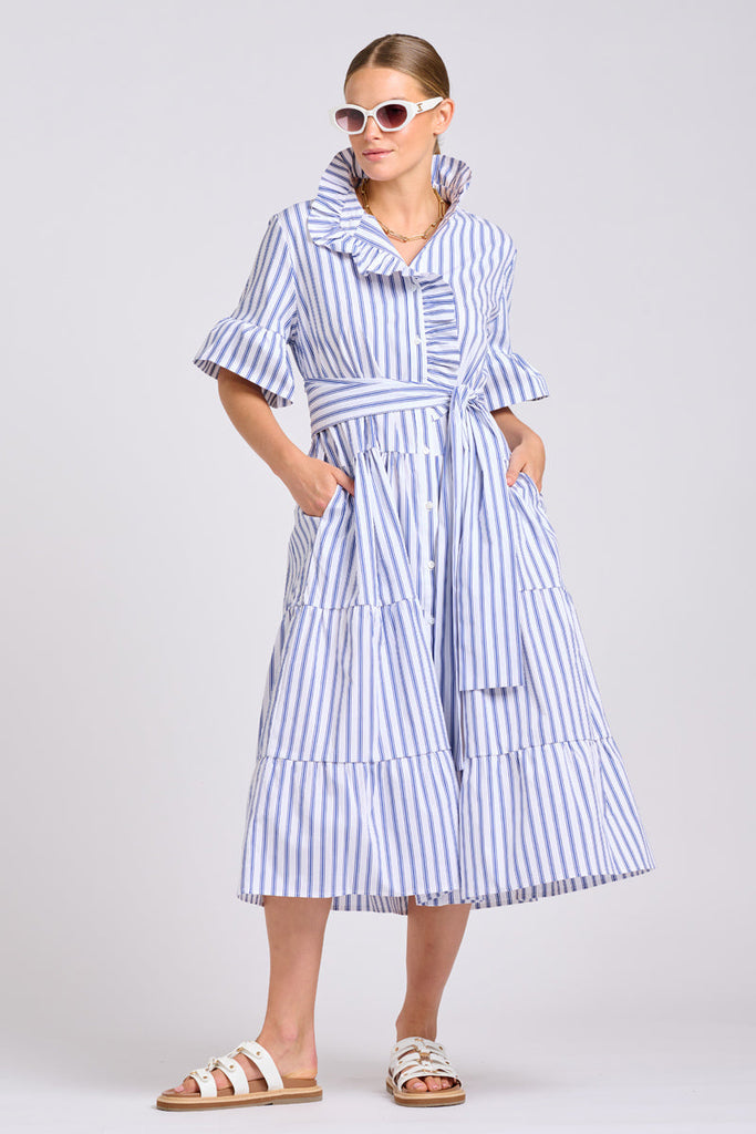 Shirty The Molly Oversized Shirt Dress - White with Azure Ticking