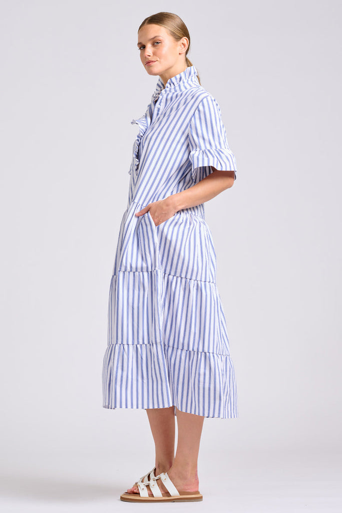 Shirty The Molly Oversized Shirt Dress - White with Azure Ticking