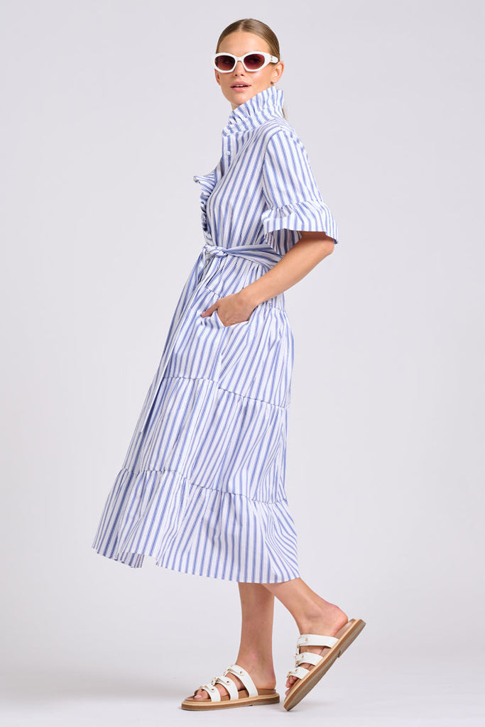 Shirty The Molly Oversized Shirt Dress - White with Azure Ticking