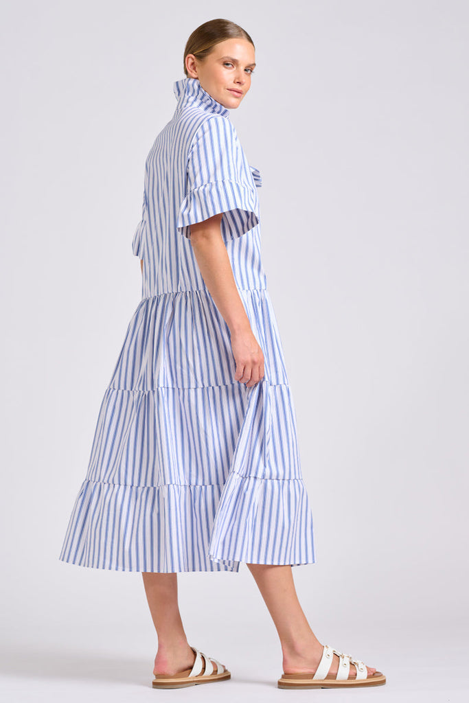 Shirty The Molly Oversized Shirt Dress - White with Azure Ticking