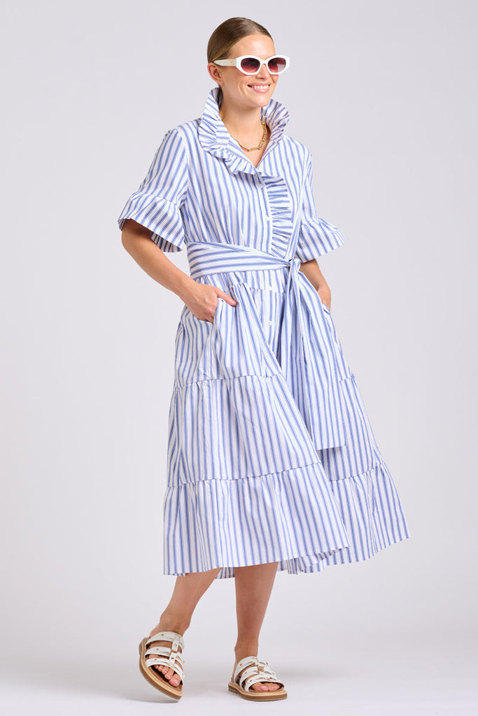 Shirty The Molly Oversized Shirt Dress - White with Azure Ticking