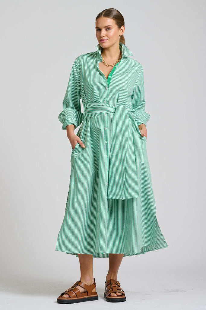 Shirty The Pippa Oversized Long Line Shirt Dress - Green Stripe