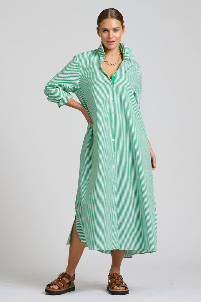 Shirty The Pippa Oversized Long Line Shirt Dress - Green Stripe